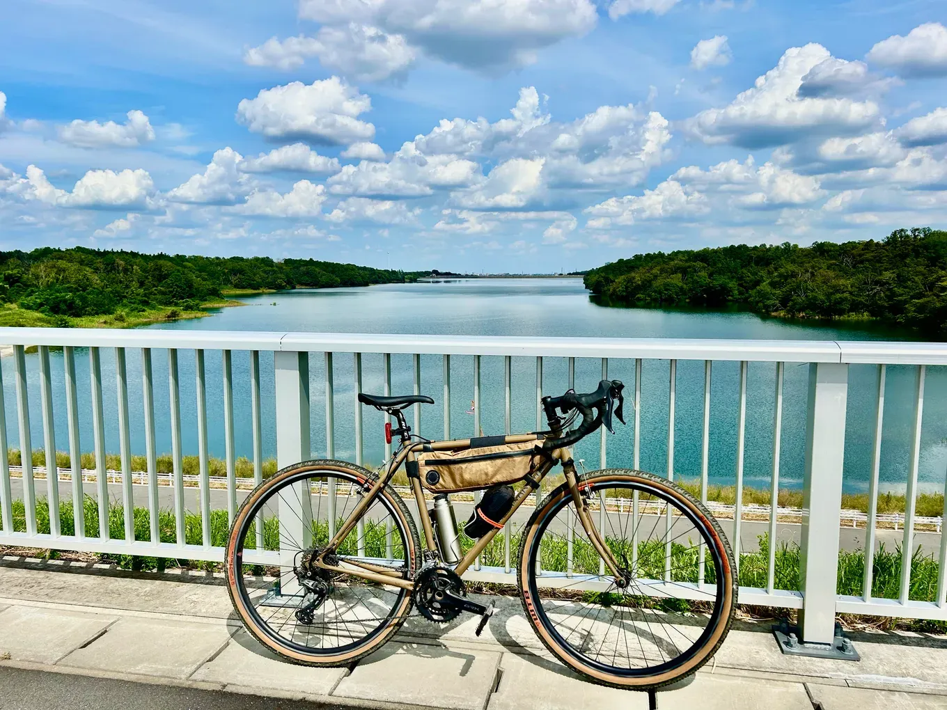 狭山湖の湖畔。白い柵の前にグラベルロードバイクを停めている